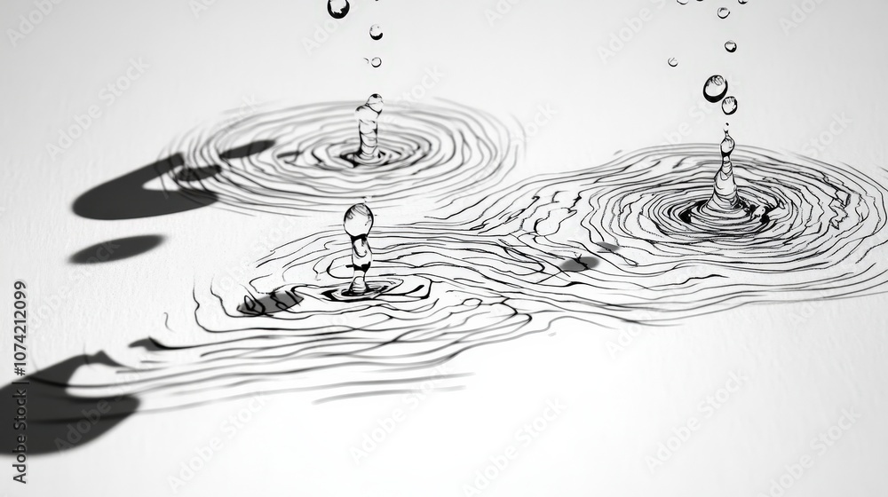 Poster artistic representation of water droplets creating circular ripples on a white background with cast 