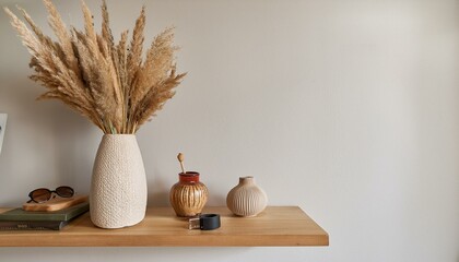 Ai Generate Minimalistic composition on the wooden shelf with dried flowers in vase and elegant personal accessories in stylish living room interior Copy space