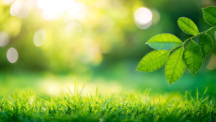Obraz premium Close up of nature view green grass leaf on blurred greenery background under sunlight with bokeh and copy space using as background natural plants landscape, ecology cover concept.