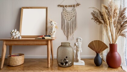 Ai Generate Stylish and bohemian concept of living room with mock up poster frame, flowers in vase, wooden desk, sculpture, macrame and elegant accessories Modern interior design and home decor 