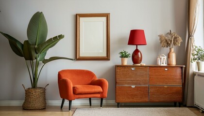 Ai Generate Stylish room of home interior with brown mock up frame with vintage accessories, plant, orange chair and red retro table lamp Cozy home decor Minimalistic concept Modern composition of cup
