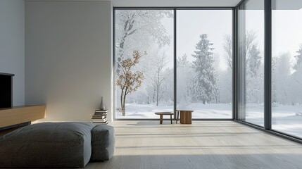 Empty room modern interior design, a minimalist-style living room with a wooden floor and white wall mock-up background, a window with a winter view. Modern home decor concept