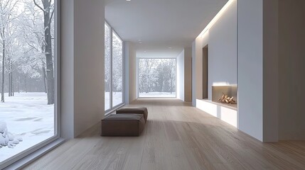 Obraz premium Empty room modern interior design, a minimalist-style living room with a wooden floor and white wall mock-up background, a window with a winter view. Modern home decor concept