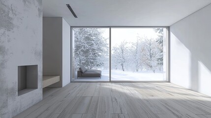 Fototapeta premium Empty room modern interior design, a minimalist-style living room with a wooden floor and white wall mock-up background, a window with a winter view. Modern home decor concept