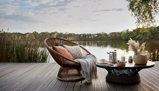 Ai Generate Stylish composition of outdoor garden on the lake with design rattan armchair, coffee table, plaid, pillows, drinks and elegant accessories Summer chillout mood