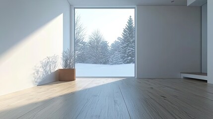 Empty room modern interior design, a minimalist-style living room with a wooden floor and white wall mock-up background, a window with a winter view. Modern home decor concept