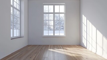 Empty room modern interior design, a minimalist-style living room with a wooden floor and white wall mock-up background, a window with a winter view. Modern home decor concept