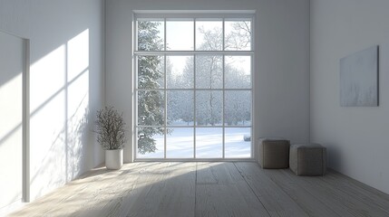 Obraz premium Empty room modern interior design, a minimalist-style living room with a wooden floor and white wall mock-up background, a window with a winter view. Modern home decor concept