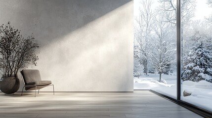 Fototapeta premium Empty room modern interior design, a minimalist-style living room with a wooden floor and white wall mock-up background, a window with a winter view. Modern home decor concept