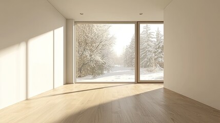 Empty room modern interior design, a minimalist-style living room with a wooden floor and white wall mock-up background, a window with a winter view. Modern home decor concept