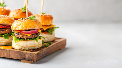 Mini sliders with various fillings are beautifully arranged on wooden platter, showcasing delightful combination of flavors and textures. These bite sized burgers are perfect for gatherings