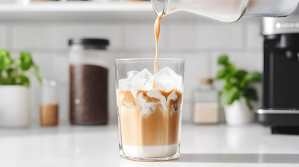 Refreshing iced coffee is being prepared with sweetened condensed milk poured over ice. creamy texture and rich flavor create delightful beverage experience