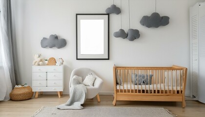 Ai Generate The modern scandinavian newborn baby room with mock up poster frame, wooden car and clouds Minimalistic and cozy interior with white walls