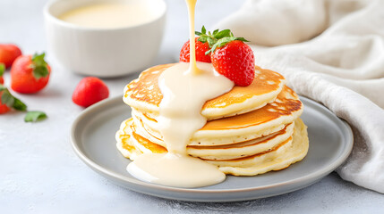 Delicious pancakes stacked high, topped with fresh strawberries and drizzled with sweetened condensed milk, creating delightful breakfast treat