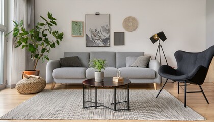 Ai Generate Stylish scandinavian home interior of living room with design gray sofa, armchair, marble stool, black coffee table, modern paintings, decoration, plant and elegant personal accessories 