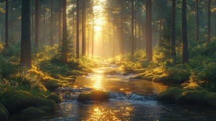 Fototapeta premium Serene forest scene with sunlight streaming through trees and water.