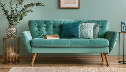 Ai Generate Stylish and scandinavian composition of living room interior with mint sofa, pillow, mock up poster frame, bench, books, plants and elegant accessories  Cozy home decor Eucalyptus color