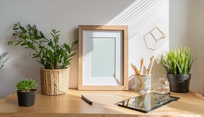 Ai Generate Stylish scanidnavian interior with mock up photo frame, design office accessories and plants on the wooden desk Beautiful mirror on the white wall Creative desk of home decor Warm and sun