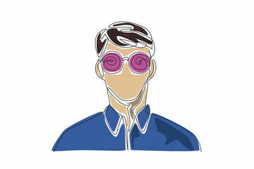 World Hypnotism Day. One single line drawing of young handsome man wearing hypnotizing glasses.  Technique through which one can affected an access subconscious mind to change behavior.