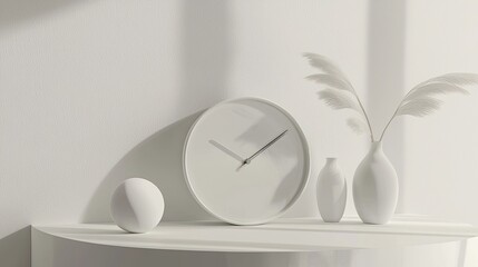 white table with decorative objects and a clock on it, set against a wall. Minimalist home interior design of a modern living room, working space, or desk area