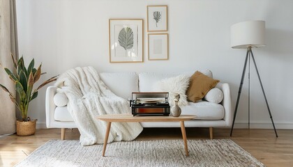 Ai Generate Stylish and cozy scandinavian white interior with design, coffee table, pillows, blanket, gramophone and mock up photo frames White background walls and modern triangle lamp