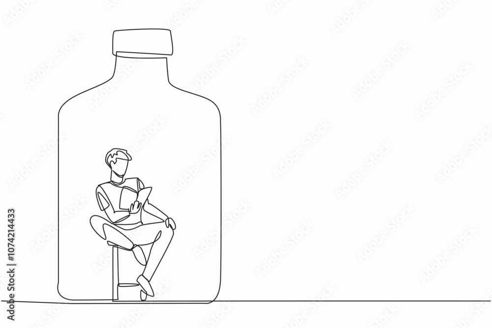 Poster world introvert day. single continuous line draw of handsome man sitting on chair and reading the st
