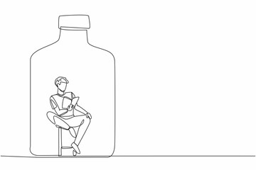 World Introvert Day. Single continuous line draw of handsome man sitting on chair and reading the story book inside of glass bottle. Human mental health. Communication difficulty. Vector illustration