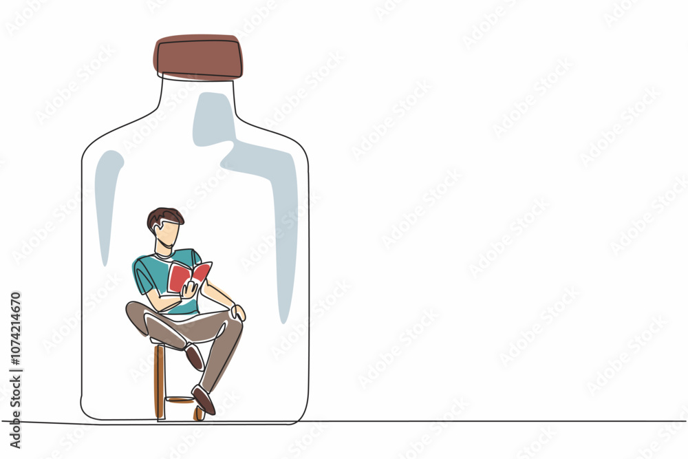 Aufkleber world introvert day. single continuous line draw of handsome man sitting on chair and reading the st