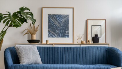 Ai Generate Modern scandinavian interior design of living room with mock up photo frames, navy blue commode, design sofa, plant and elegant accessories Stylish home decor  Ready to use