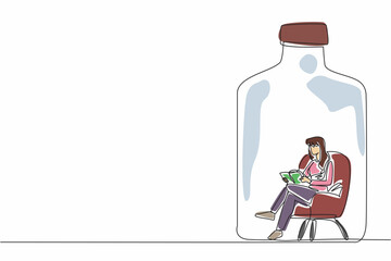 One single line draw young beauty woman sit on comfy sofa seat, reading a novel book inside of big glass bottle. Alone but not lonely concept. World Introvert Day. World event. Psychological problem