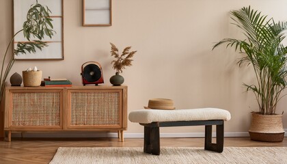 Ai Generate Interior design of korean style living room with modern chaise longue, commode, shelf, wooden cube, retro radio, plants and elegant personal accessories Mock up paintings on the beige wall