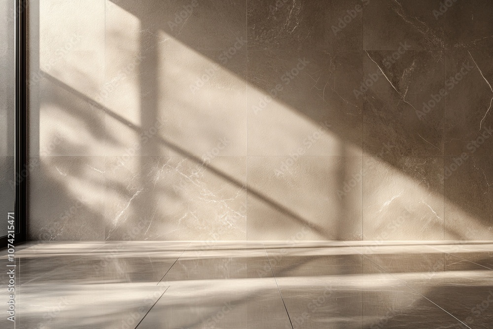 Poster a large window with sunlight shining through casting shadows on a beige tiled wall.