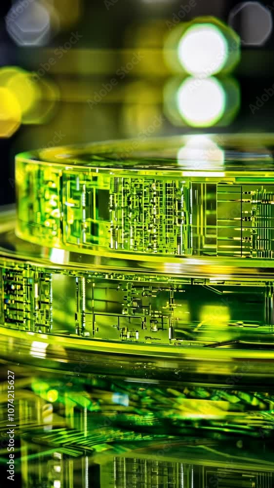 Poster a close-up of two green, translucent wafers with circuit board patterns visible through them, stacke