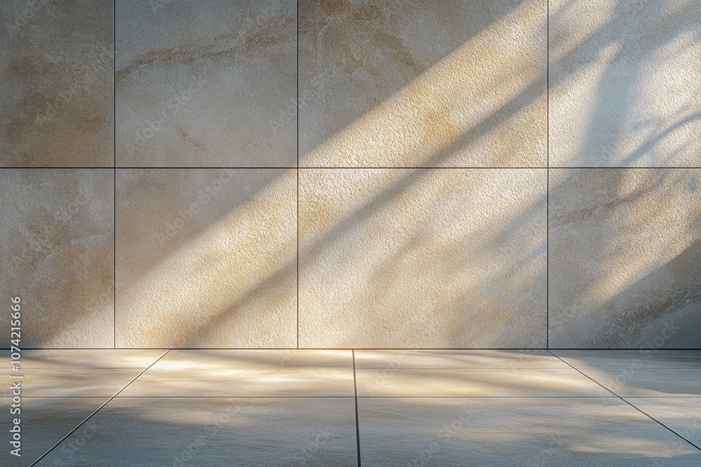 Poster sunlight streams through a window onto a tiled wall and floor, creating a warm and inviting space.