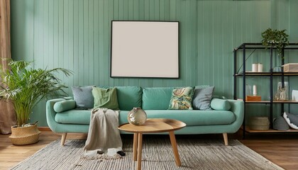 Ai Generate Stylish interior of living room with mock up poster frame, mint sofa, coffee table, plants and elegant accessories Green wood panelling with shelf Modern home decor  Interior design