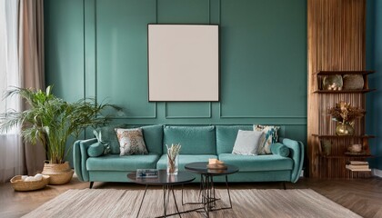 Ai Generate Stylish interior of living room with mock up poster frame, mint sofa, coffee table, plants and elegant accessories Green wood panelling with shelf Modern home decor  Interior design