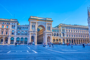 The Triumphal Arch entrance to Galleria Vittorio Emanuele II from Cathedral Square of Milan, Italy
