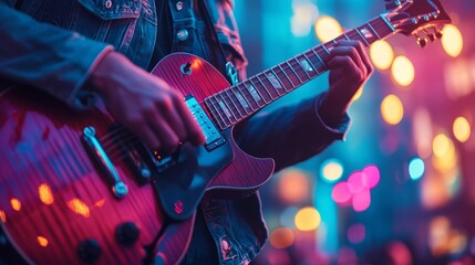 Energetic Music Day Outdoor Concert with Vibrant Guitar Performance under Colorful Stage Lights