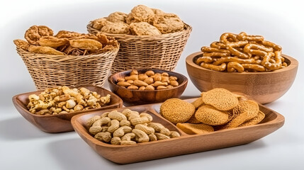 A variety of snacks in wooden bowls, including pretzels, peanuts, popcorn, and crackers.