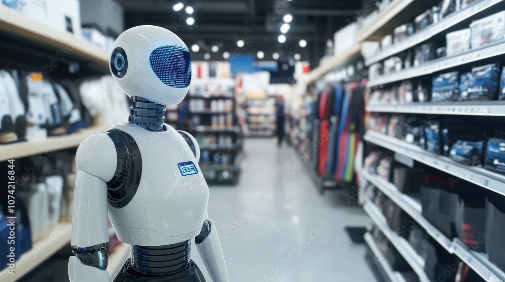 Poster a retail setting with an ai system analyzing sales data and predicting stock needs, helping store ma