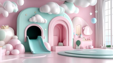 Playful Pastel Pink Mint Kids Room Design 3D Render