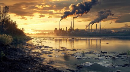 A riverbank with factories dumping waste into the water, highlighting the urgent need for water pollution control and sustainable industrial practices