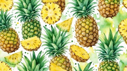 Colorful watercolor pineapple pattern with juicy slices and vibrant splashes