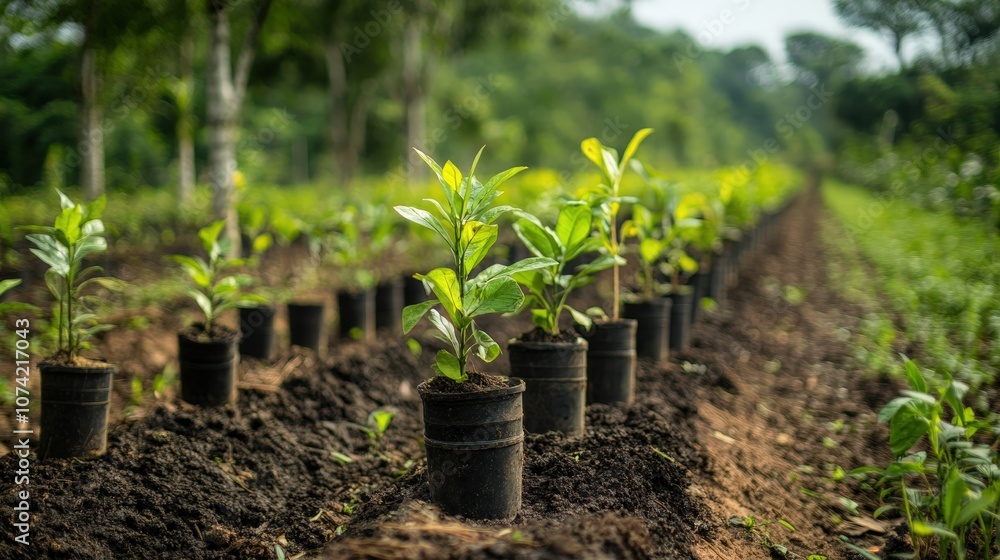 Poster a row of newly planted saplings in a reforestation effort to combat deforestation. the image shows h