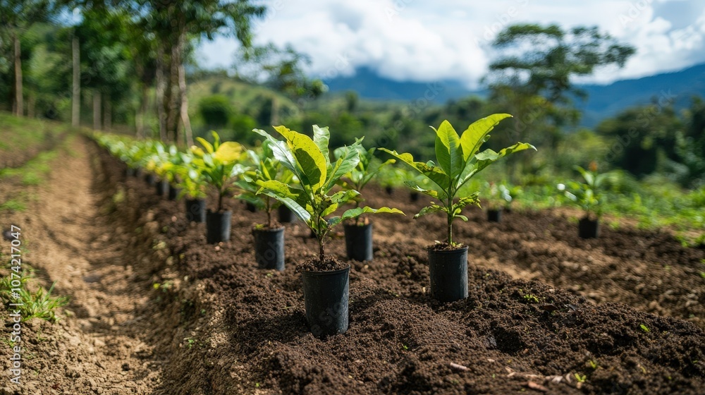 Poster a row of newly planted saplings in a reforestation effort to combat deforestation. the image shows h