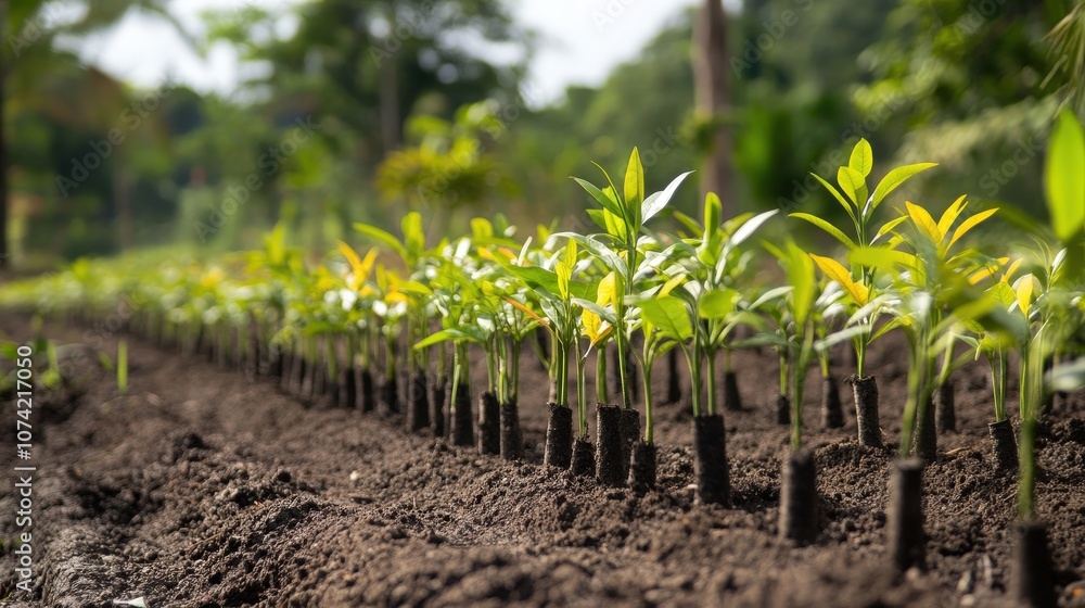 Poster a row of newly planted saplings in a reforestation effort to combat deforestation. the image shows h