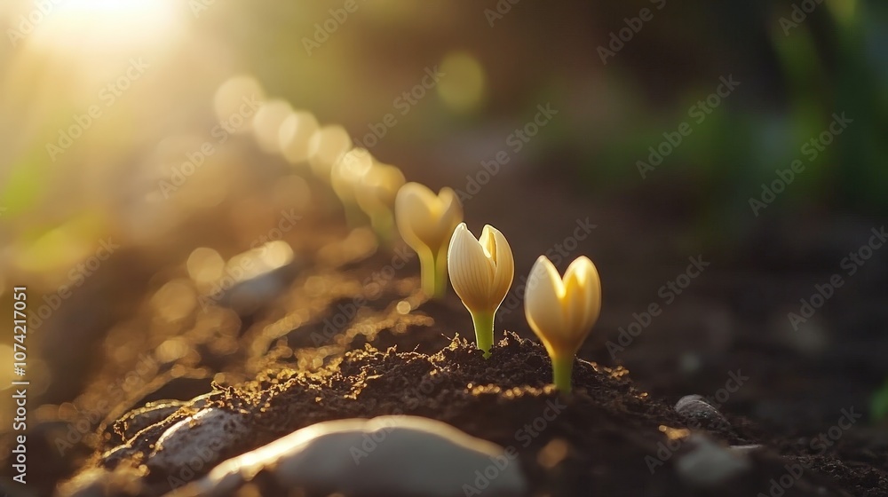 Poster a row of seeds gently pressed into the soil, symbolizing patience and the gradual process of growing