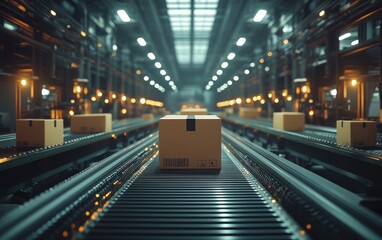 Obraz premium Industrial backdrop: carton positioned amid the switch tracks, symbolizing dispatch, warehousing, and delivery, embodying commerce flow from production hubs to distant destinations worldwide