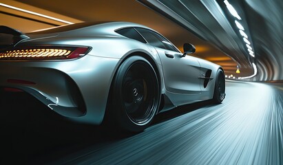 Obraz premium A silver sports car speeds through a tunnel, leaving streaks of light behind it.