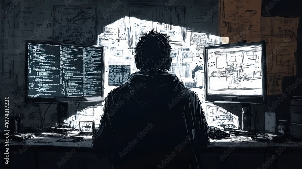 Poster individual sitting at a desk surrounded by two monitors, analyzing complex code and graphics in a di
